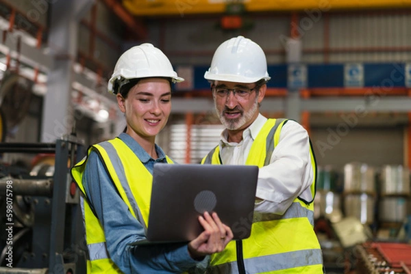 Fototapeta The project manager and engineers are inspecting workpieces and checking standards and safety for products and safety in the factory. Technician and Female Worker Talking on a Meeting in a Factory.
