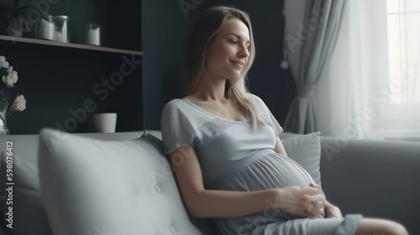 Fototapeta A pregnant woman smiles and happiness sits on the couch freely and strokes her belly feeling kicks with the baby - Generative AI