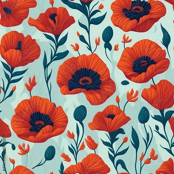 Fototapeta Seamless pattern with red flowers and green leaves. Floral design on a light blue background. Generative AI.