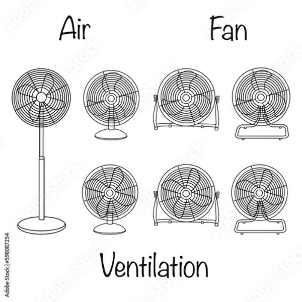 Fototapeta Linear icon, electric fan for cooling room. Maintaining comfortable temperature in room. Simple black and white illustration isolated on white background