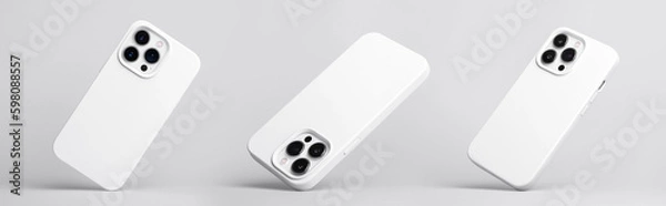 Fototapeta set of three iPhone 14 and 13 Pro Max in white silicone case falling down in different angles, back view isolated on grey background, phone case mockup