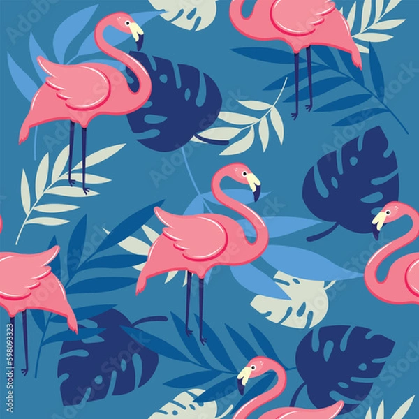 Obraz Vector seamless pattern with pink flamingos, tropical palm leaves and flowers. Hand Drawn illustration.
Design element for cards, posters, banners, summer design for print, design for fabric