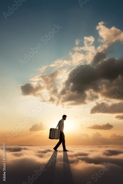 Fototapeta a man walking on clouds in the sky, ai