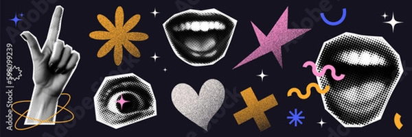 Obraz Trendy sticker set with contemporary elements. Halftone hand, mouth, eye. Naive y2k elements with grain texture. Flower, star, cross, heart. Template for posters, banners. Vector illustration.