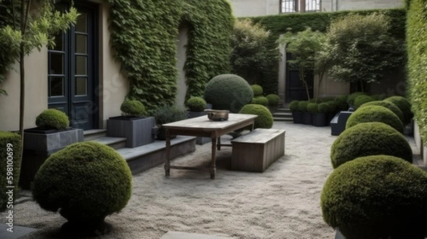 Fototapeta A serene courtyard with minimalistic topiary and chic seating options. AI generated