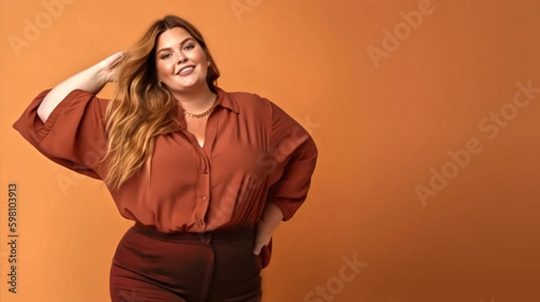Fototapeta curvy confident blonde fashionable girl on orange background with copy space. generative ai