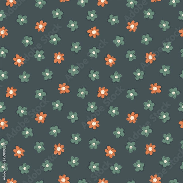 Fototapeta Vector seamless summer pattern of simple flowers in retro style in pastel colors with offset outline. Can be used for printing, textile and packaging.
