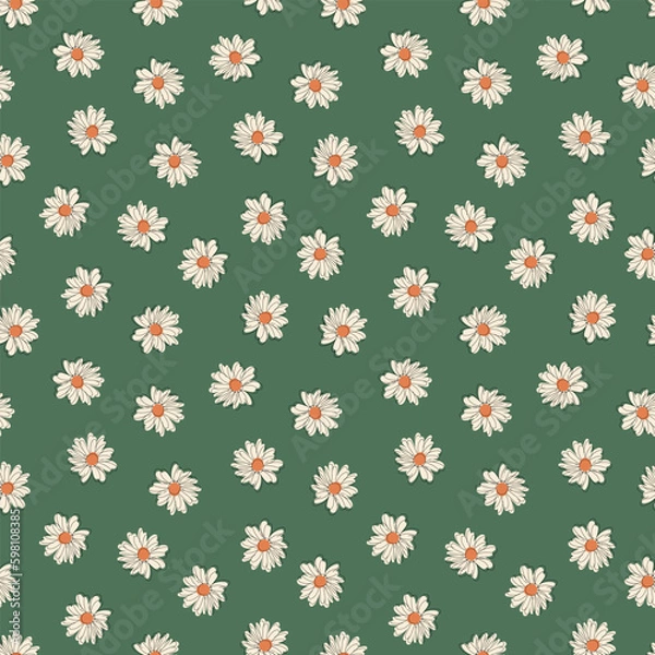 Fototapeta Vector seamless summer pattern of daisies in retro style in pastel colors with offset outline. Can be used for printing, textile and packaging.