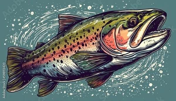 Obraz Rainbow trout jumping out of the water. Generative AI 
