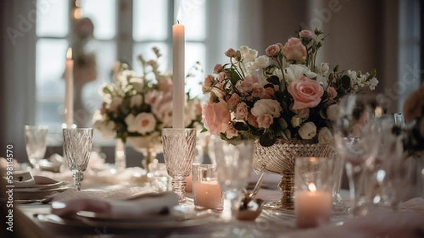 Obraz table setting with blush pink flowers, Generative AI