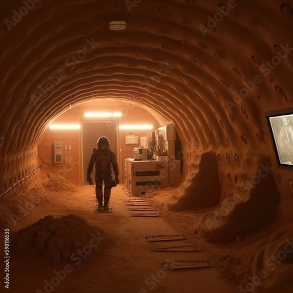 Obraz Human walking through a martian building on another planet 