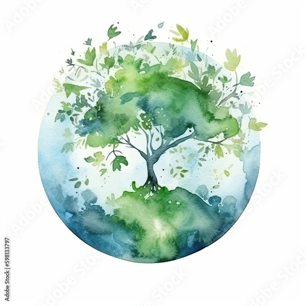 Fototapeta Earth day tree of life, watercolor art for earthday. wallpaper background image of a tree and the globe, AI