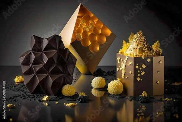 Fototapeta Chocolats noire et dorure sur fond sombre. Ai générative 