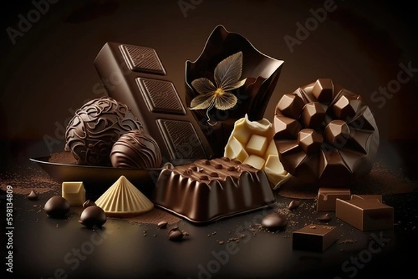 Fototapeta Chocolats noire sur fond sombre.  Ai générative 