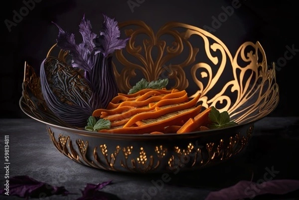 Fototapeta photographie culinaire ultra nette, un plat filigrane avec des frites de patates douces et des aubergines fourrées. Ai générative 
