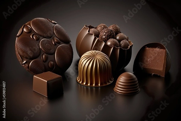 Fototapeta Chocolats noire sur fond sombre.  Ai générative 