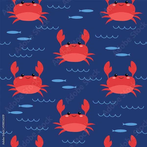 Obraz Cute kawaii summer sea animals crab and fish seamless pattern. Vector illustration of kids cartoon characters. Design element for cards, posters, banners, summer design for print, design for fabric