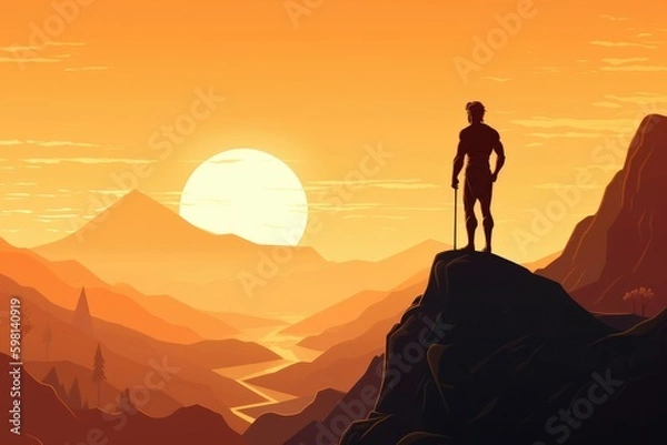 Fototapeta Apollo standing on a mountaintop surrounded by golden light. Generative AI