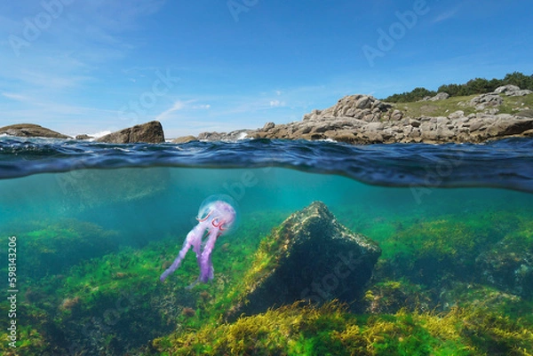 Obraz Atlantic ocean seascape, rocky coastline with a jellyfish underwater (Pelagia noctiluca), Spain, Galicia, split view over and under water surface
