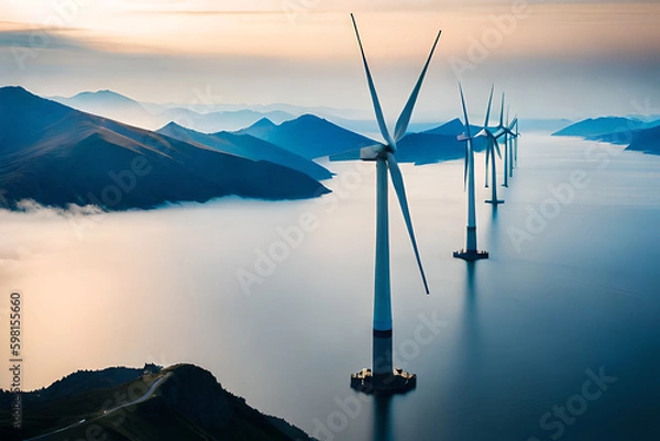 Fototapeta Panoramic view of wind farm or wind park, with high wind turbines for generation electricity with copy space. Green energy concept. Generative AI