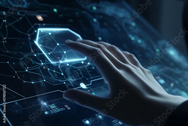 Fototapeta Big Data and AI Concept with Hand Touching a Virtual Screen