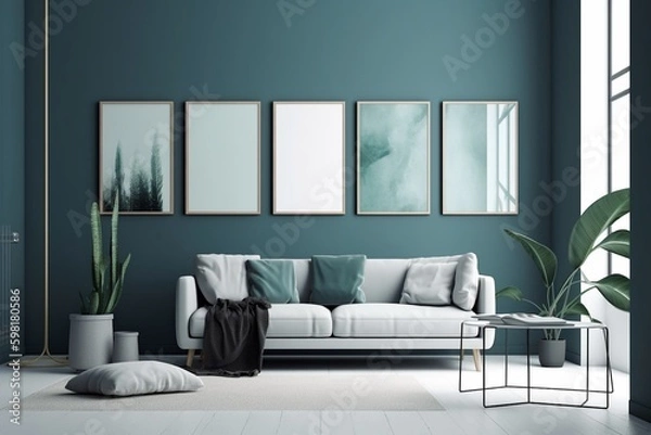 Fototapeta Blue Living Room Interior Created with Generative AI