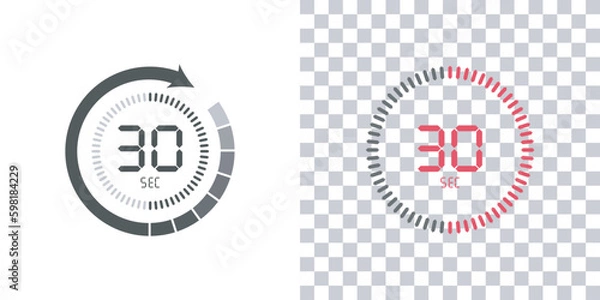 Obraz Timer, 30 seconds, stopwatch vector icon. Stopwatch icon in flat style, 30 seconds Countdown timer symbol icon on white and transparent background. Vector illustration.