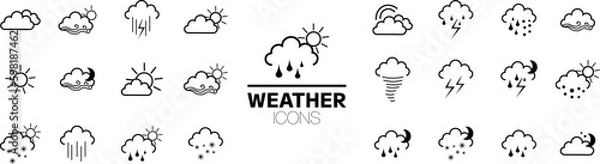 Fototapeta Weather icons. Weather forecast icon set.Weather forecast - outline web icon set, vector, thin line icons collection.Weather , clouds, sunny day, moon, snowflakes, wind, sun day. . Vector illustration