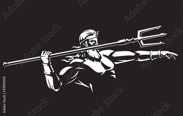 Obraz Poseidon Greek God, Aiming Trident Attack, Shadowed Illustration