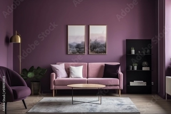 Fototapeta Purple Living Room Interior - Cozy and Sophisticated Space Created with Generative AI