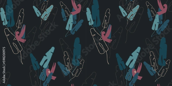 Obraz tropical wallpaper dark. banana leaf vector seamless pattern. black background and pink birds