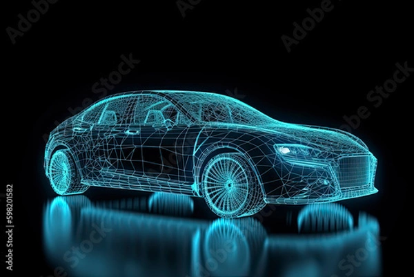 Fototapeta Augmented reality of wireframe car concept on the road and futuristic city on the background. Professional 3d rendering