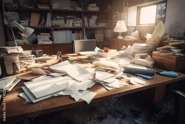 Fototapeta messy work desk, Generative AI