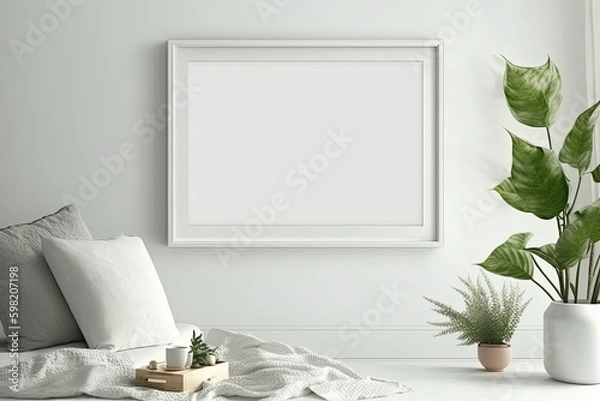 Fototapeta Blank horizontal poster frame mock up in minimal white style living room interior, modern living room interior background, Ai generative.