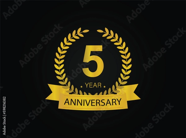 Obraz 5th golden anniversary logo. with ring and ribbon.