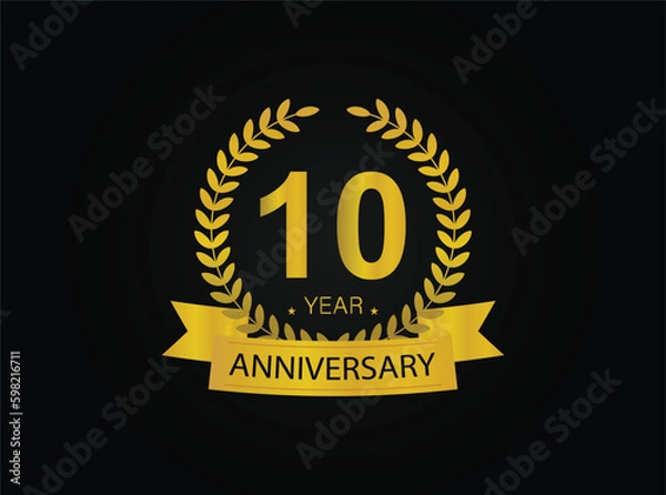 Obraz 10th golden anniversary logo. with ring and ribbon.
