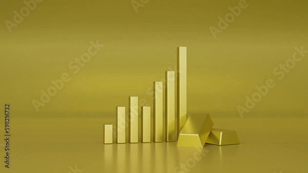 Obraz Gold metal symbol of bars chart with seven columns and two gold bars on the floor. 3D rendering with blurry reflection on the floor with gold background.