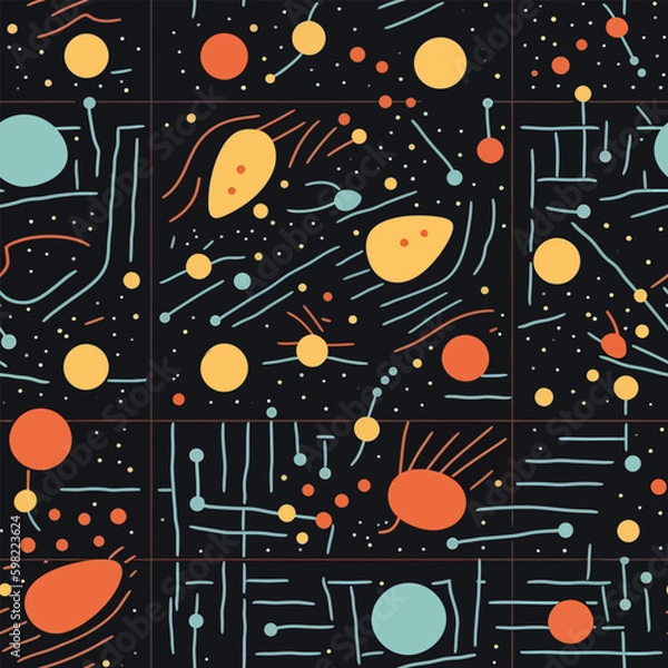 Fototapeta Cosmic Abstraction: A Seamless Background of Abstract Lines and Dots with a Colorful Cosmic Theme
