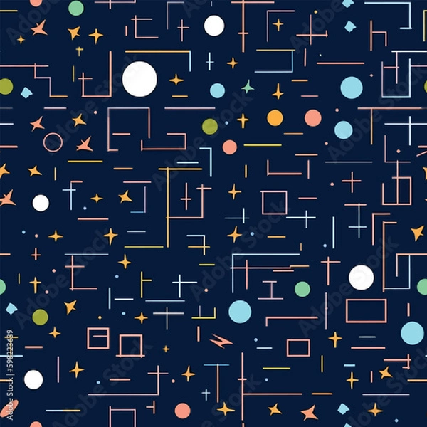 Fototapeta Space Mosaic: A Seamless Pattern of Colorful Abstract Lines and Dots with Starry Skies in a Mosaic Style
