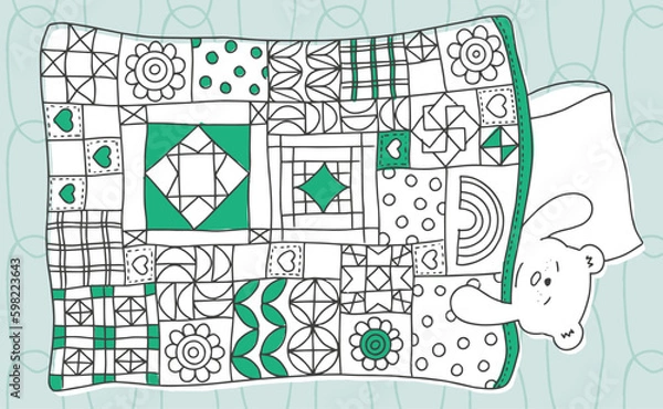 Obraz Cute hand drawn illustration of bear sleeping with quilt blanket. Quilt patchwork pattern design