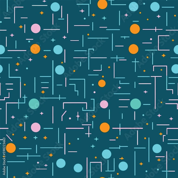 Fototapeta Cosmic Pixels: A Seamless Pattern of Abstract Lines and Dots with Starry Skies in a Pixelated Style
