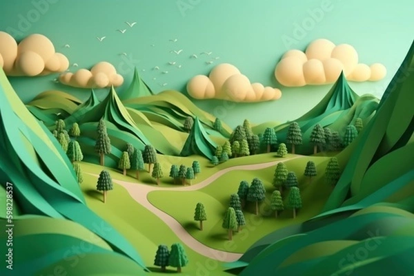 Fototapeta 3D render of abstract landscape with trees and mountains in paper cut style, generative Ai