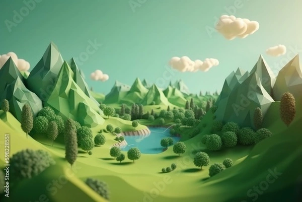 Fototapeta 3d illustration of fantasy landscape with trees and lake in the mountains, paper cut style, generative Ai
