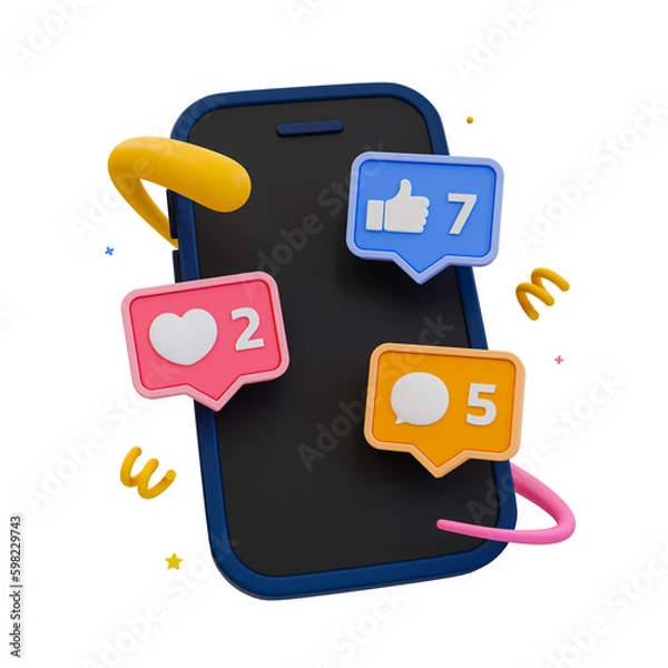 Fototapeta 3d minimal social media interaction concept. online network interaction. smartphone with social network notifications. 3d illustration.