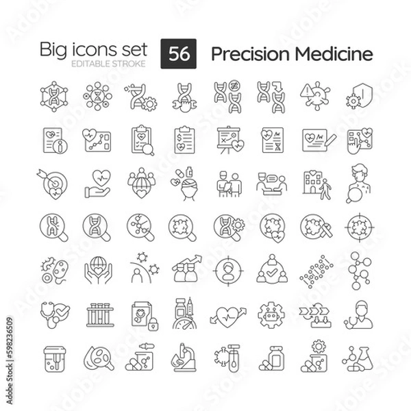 Fototapeta Precision medicine linear icons set. Studying genome to prevent disease. Innovative treatment technology. Customizable thin line symbols. Isolated vector outline illustrations. Editable stroke