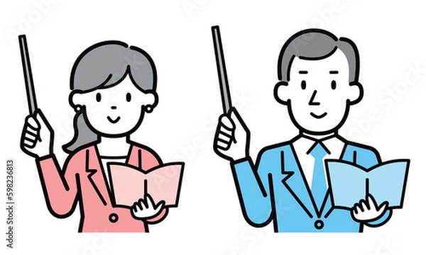 Fototapeta 指示棒で説明するビジネスパーソン男女のイラスト