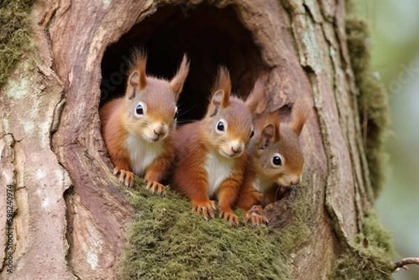 Fototapeta A family of red squirrels in a tre