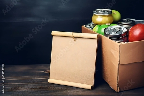 Fototapeta Various Foods In A Donation Cardboard Box and copy space for text. Food for the poor. Charity, donation and volunteering concept. Food bank. Generative AI