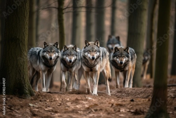 Fototapeta A pack of wolves in a fores