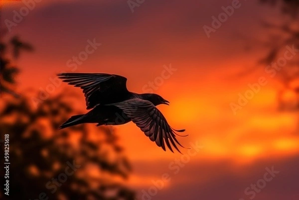 Obraz A bird in flight against a fiery sunse